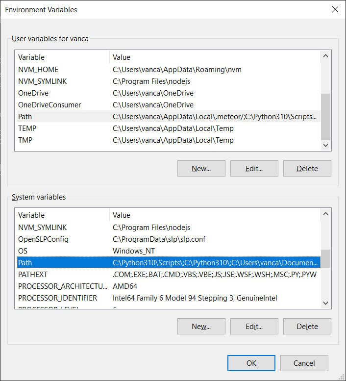 Environment Variables screenshot