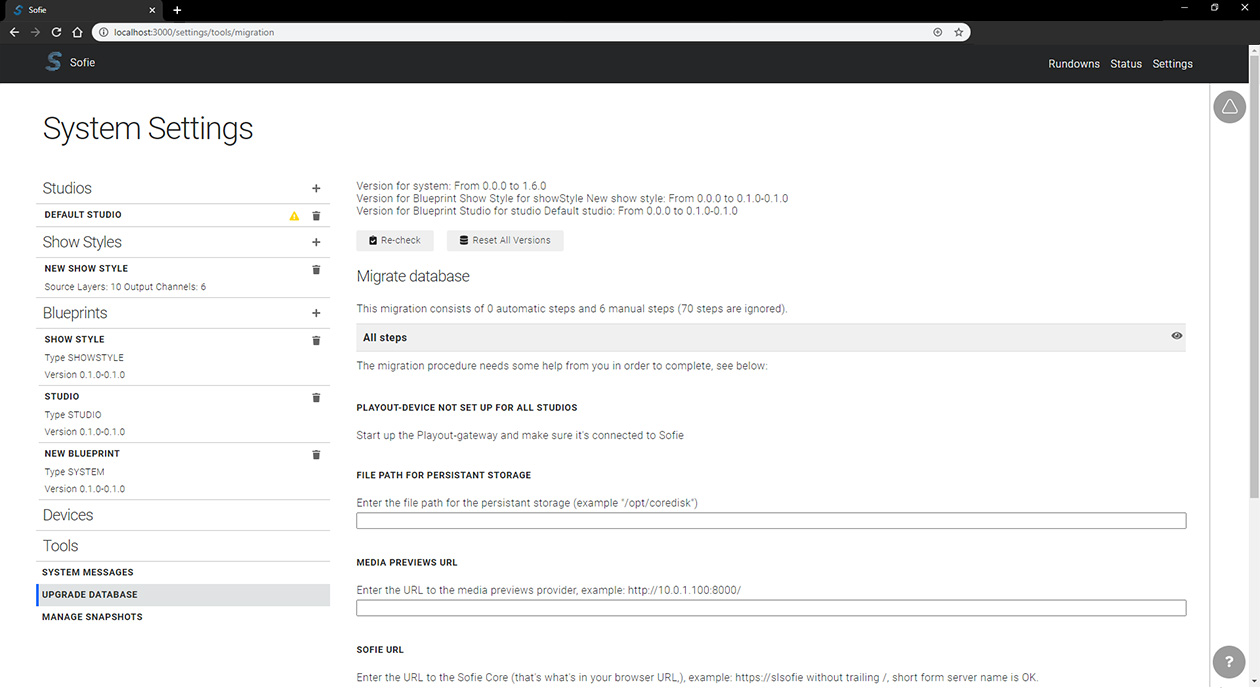Update Database Section of the Settings Page